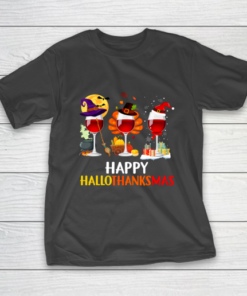Wine Halloween Thanksgiving Christmas Happy Hallothanksmas T-Shirt Wine Halloween Thanksgiving Christmas Happy Hallothanksmas T-Shirt