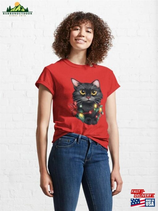 Festive Black Cat Christmas Lights Holiday Cheer Classic T-Shirt