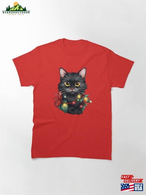 Festive Black Cat Christmas Lights Holiday Cheer Classic T-Shirt