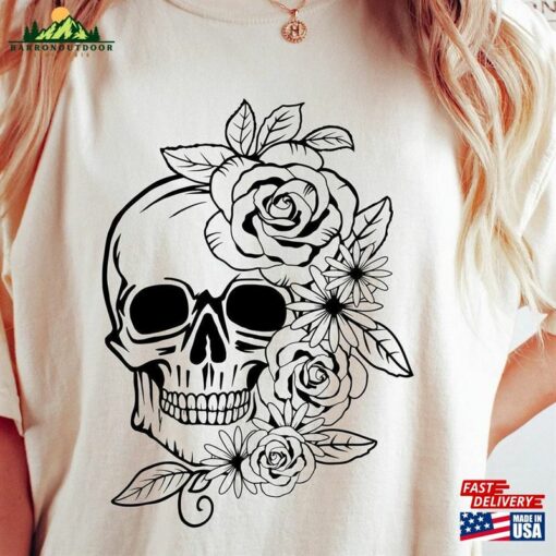 Floral Skull Oversized Vintage T-Shirt And Roses Shirt Halloween Sweatshirt