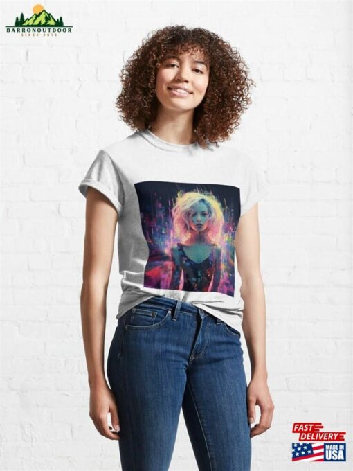 Futuristic Female Into A Pixelated Cityscape Classic T-Shirt Unisex