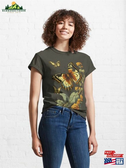 Golden Antique Butterfly Vintage Floral Classic T-Shirt