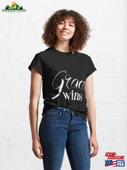 Grace Wins Modern Lettering Style Christian T-Shirt Classic Unisex