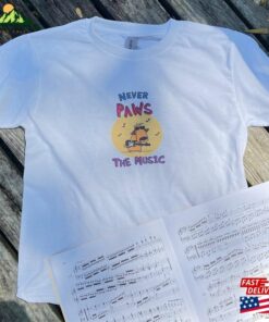 Handmade Music T Shirt With Orange Dog Rock Star Playing A Guitar Never Pause The Hoodie Classic