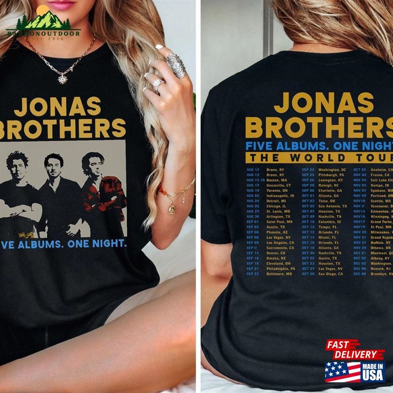 Jonas Brothers Double Sided T-Shirt Five Albums One Night Tour Dates Shirt Concert 2023 Retro Unisex Gift Hoodie Sweatshirt Jonas Brothers Double Sided T-Shirt Five Albums One Night Tour Dates Shirt Concert 2023 Retro Unisex Gift Hoodie Sweatshirt