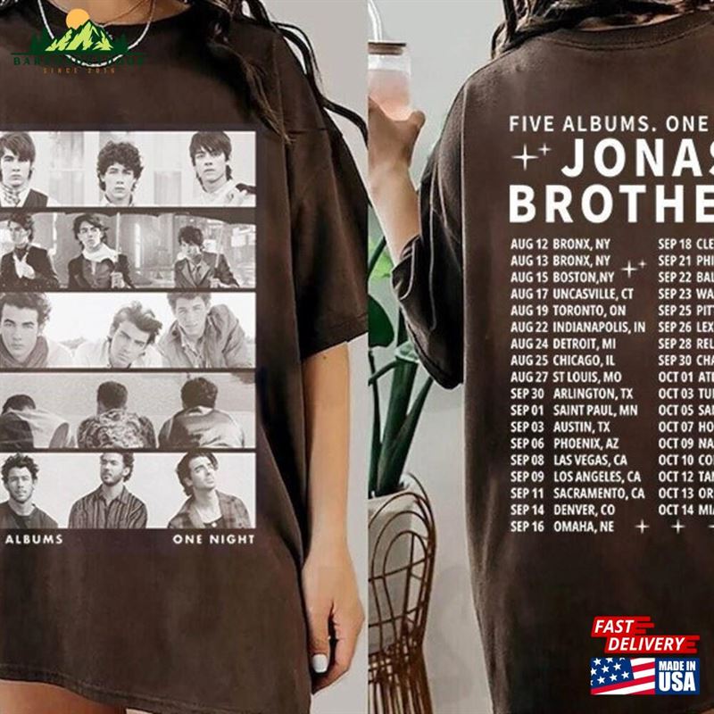 Jonas Brothers Double Sided T-Shirt Five Albums One Night Tour Shirt 2023 Classic Unisex Jonas Brothers Double Sided T-Shirt Five Albums One Night Tour Shirt 2023 Classic Unisex