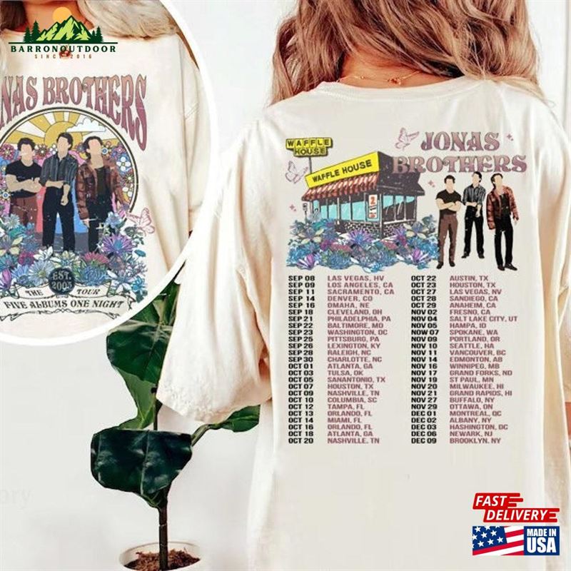 Jonas Brothers Double Sided T-Shirt Five Albums One Night Tour Shirt 2023 Unisex Jonas Brothers Double Sided T-Shirt Five Albums One Night Tour Shirt 2023 Unisex