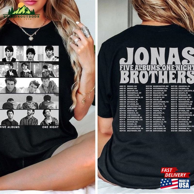 Jonas Brothers Double Sided T-Shirt Five Albums One Night Tour Shirt Classic Unisex Jonas Brothers Double Sided T-Shirt Five Albums One Night Tour Shirt Classic Unisex