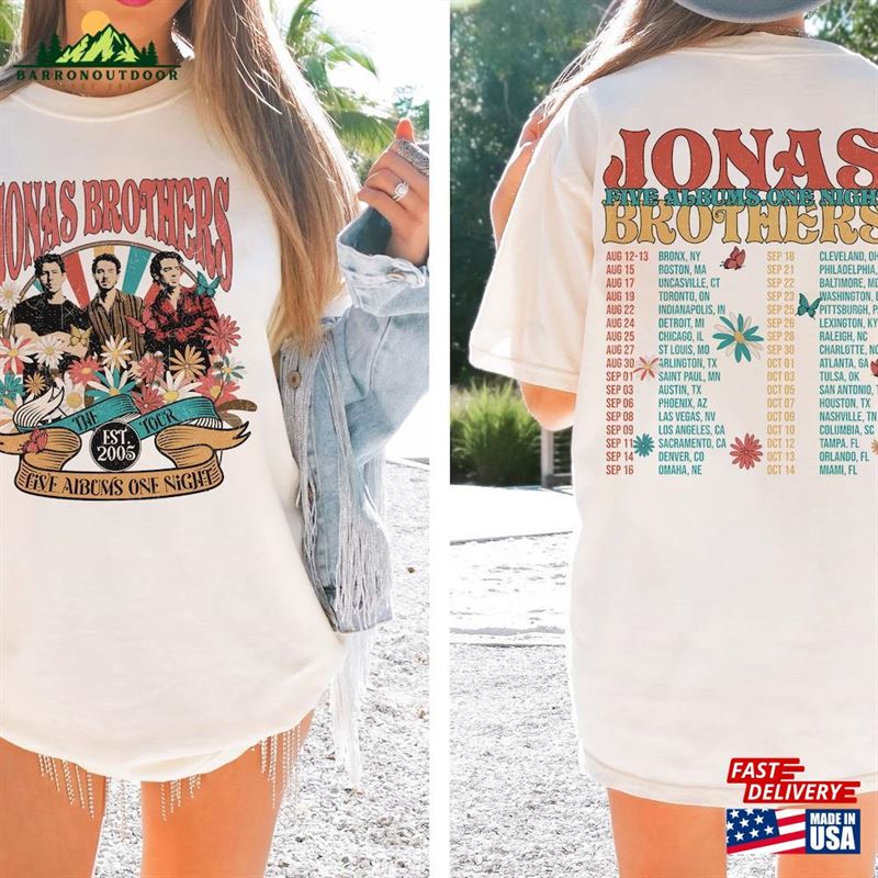 Jonas Brothers Double Sided T-Shirt Five Albums One Night Tour Shirt Concert 2023 Retro Unisex Gift Jonas Brothers Double Sided T-Shirt Five Albums One Night Tour Shirt Concert 2023 Retro Unisex Gift