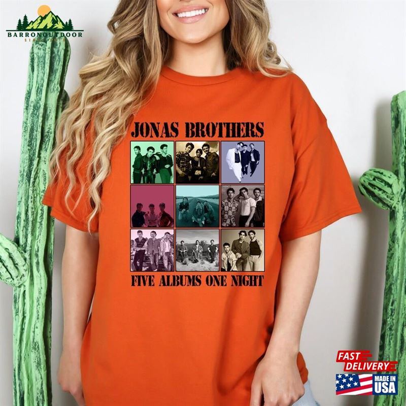 Jonas Brothers Double Sided T-Shirt Five Albums One Night Tour Tee 2023 Shirt Classic Jonas Brothers Double Sided T-Shirt Five Albums One Night Tour Tee 2023 Shirt Classic