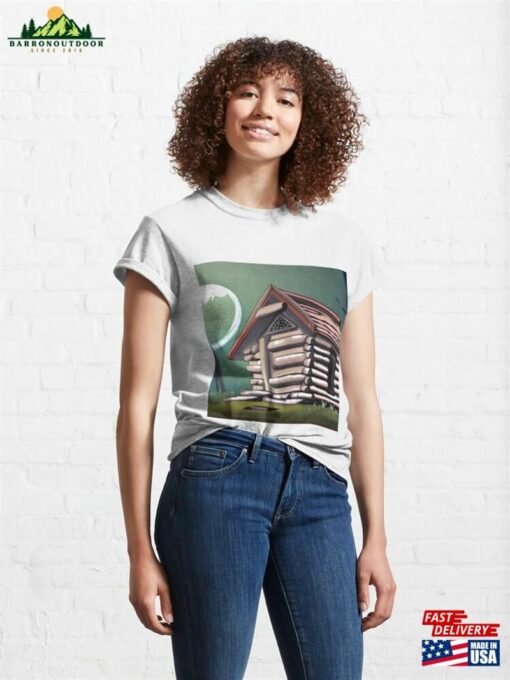 Log Cabin With Full Moon In Background Classic T-Shirt Hoodie Unisex