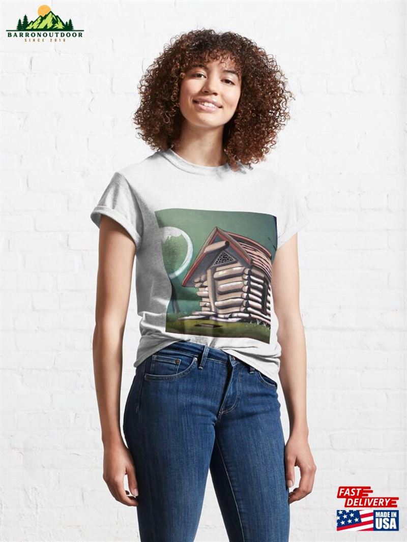 Log Cabin With Full Moon In Background Classic T-Shirt Hoodie Unisex Log Cabin With Full Moon In Background Classic T-Shirt Hoodie Unisex