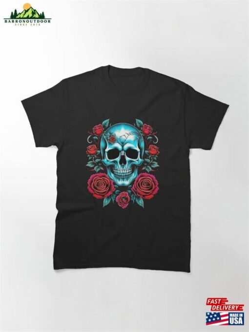 Luminous Blue Skull Amp Red Roses Classic T-Shirt Sweatshirt