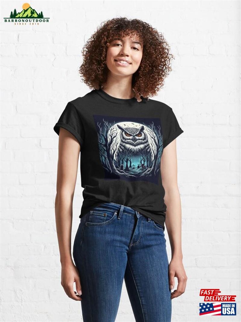 Menacing Moonlit Owl Landscape Classic T-Shirt Unisex Menacing Moonlit Owl Landscape Classic T-Shirt Unisex