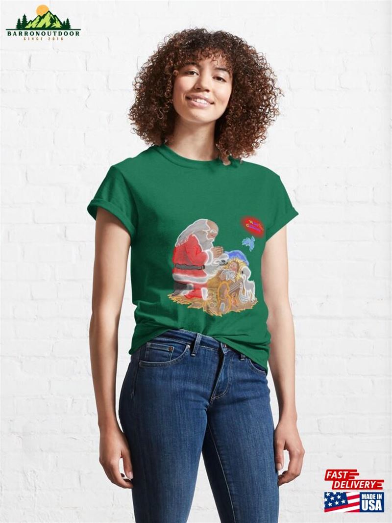 Merry Christmas Santa Claus And Baby Jesus Neon Art Classic T-Shirt Unisex Merry Christmas Santa Claus And Baby Jesus Neon Art Classic T-Shirt Unisex