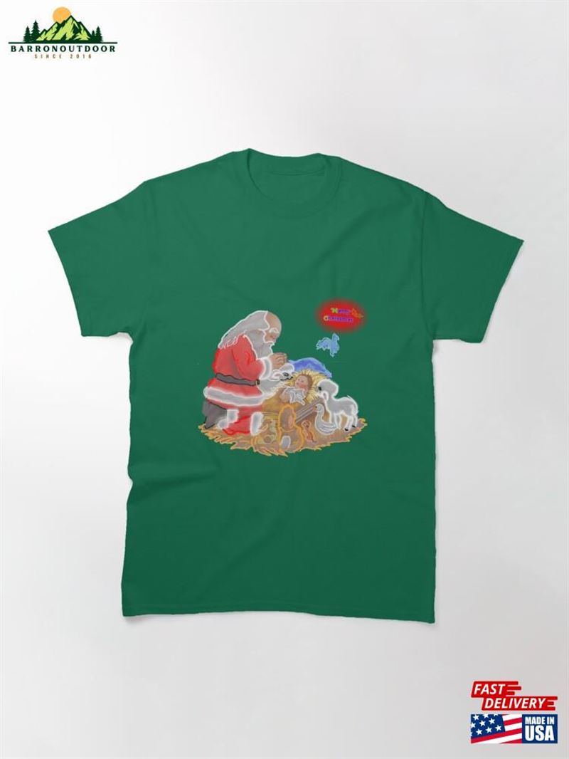Merry Christmas Santa Claus And Baby Jesus Neon Art Classic T-Shirt Unisex Merry Christmas Santa Claus And Baby Jesus Neon Art Classic T-Shirt Unisex