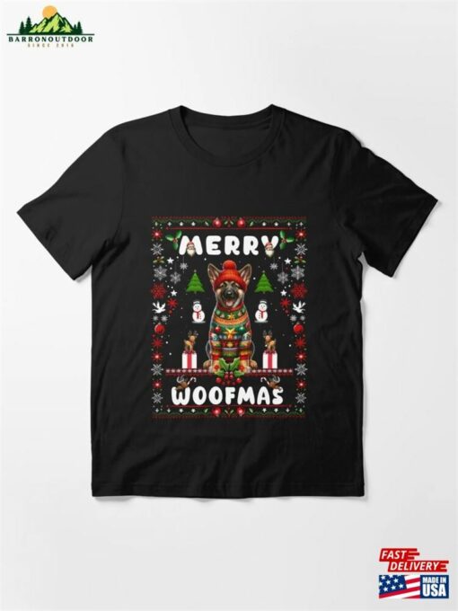 Merry Woofmas Happy German Shepherd Puppy In Ugly Christmas Festive Sweater Essential T-Shirt Sweatshirt Unisex