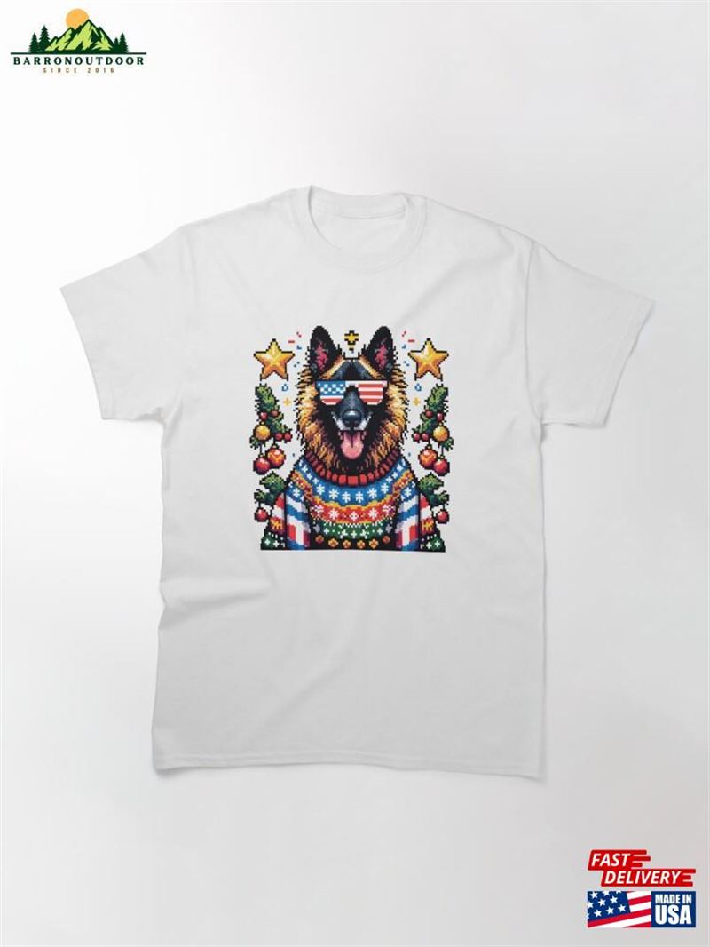 Merry Woofmas Happy Patriotic Belgian Tervuren In Ugly Sweater Usa Flag Edition Classic T-Shirt Unisex Merry Woofmas Happy Patriotic Belgian Tervuren In Ugly Sweater Usa Flag Edition Classic T-Shirt Unisex