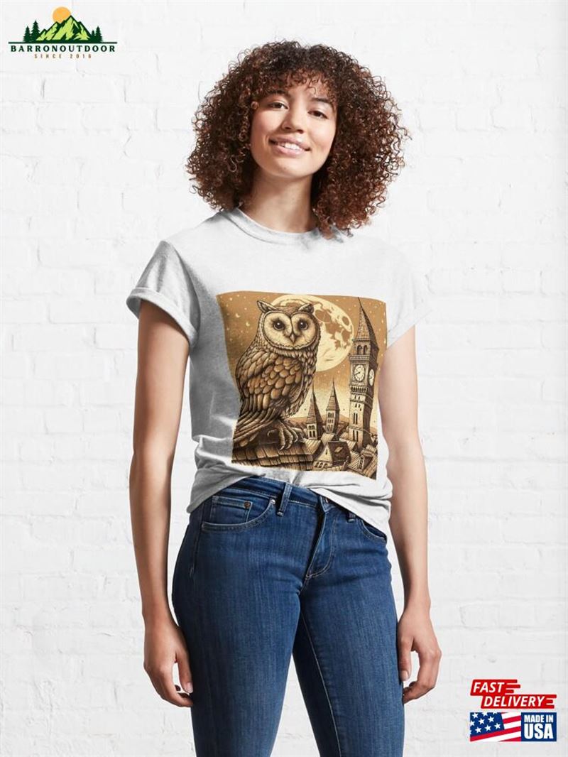 Midnight's Owl Over Ancient Rooftops Classic T-Shirt Unisex Midnight's Owl Over Ancient Rooftops Classic T-Shirt Unisex