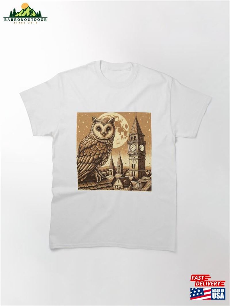 Midnight's Owl Over Ancient Rooftops Classic T-Shirt Unisex Midnight's Owl Over Ancient Rooftops Classic T-Shirt Unisex