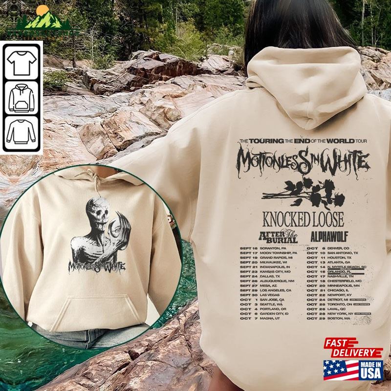 Motionless In White Scoring The End Of World Tour 2023 Music Shirt 2 Sides Vintage Concert Tickets Y2k Sweatshirt T-Shirt Motionless In White Scoring The End Of World Tour 2023 Music Shirt 2 Sides Vintage Concert Tickets Y2k Sweatshirt T-Shirt