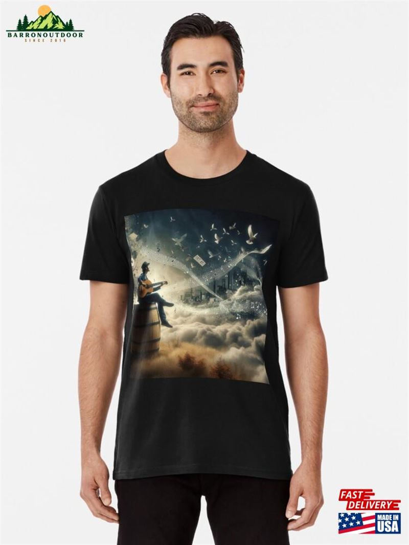 Musical Fantasy Artwork Man Guitar Floating Notes Hoodie T-Shirt Musical Fantasy Artwork Man Guitar Floating Notes Hoodie T-Shirt