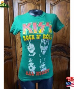 New Kiss Rock Band T-Shirt Women’s S Green Amp Roll All Night Textured Silk Screen Deadstock Hoodie Sweatshirt
