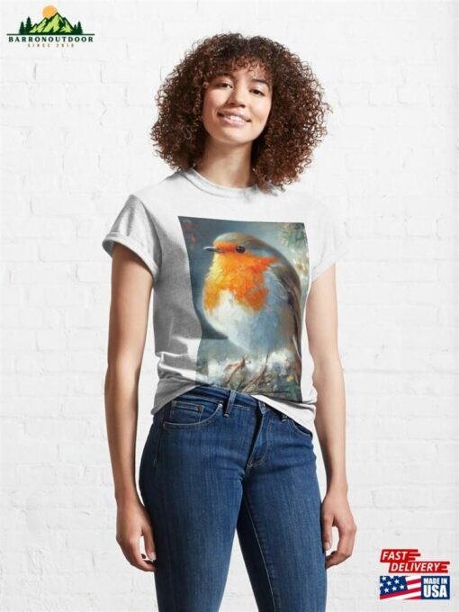 Oil Impasto Painted Robin In Xmas Tree Classic T-Shirt Unisex