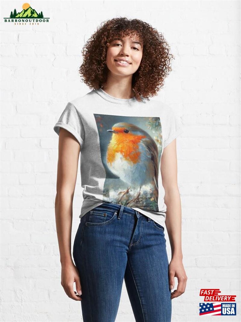Oil Impasto Painted Robin In Xmas Tree Classic T-Shirt Unisex Oil Impasto Painted Robin In Xmas Tree Classic T-Shirt Unisex