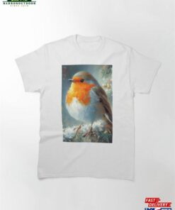 Oil Impasto Painted Robin In Xmas Tree Classic T-Shirt Unisex Oil Impasto Painted Robin In Xmas Tree Classic T-Shirt Unisex