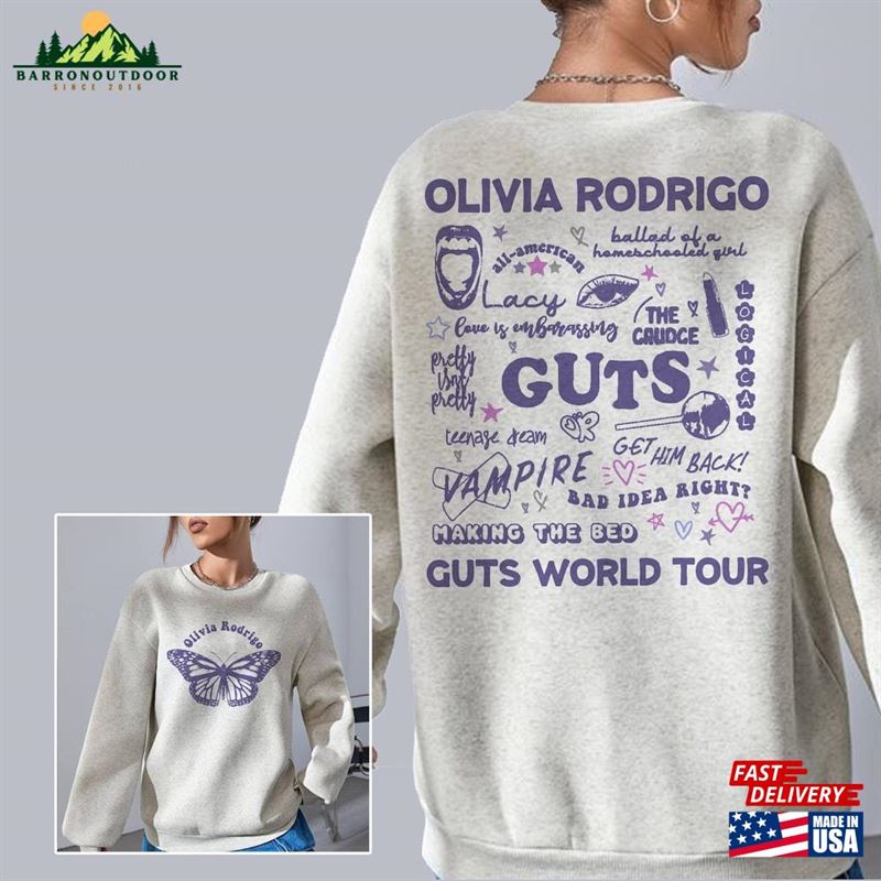 Olivia Rodrigo Guts World Tour 2024 2 Sided Sweatshirt Track List Aesthetic Merch T-Shirt Classic Olivia Rodrigo Guts World Tour 2024 2 Sided Sweatshirt Track List Aesthetic Merch T-Shirt Classic